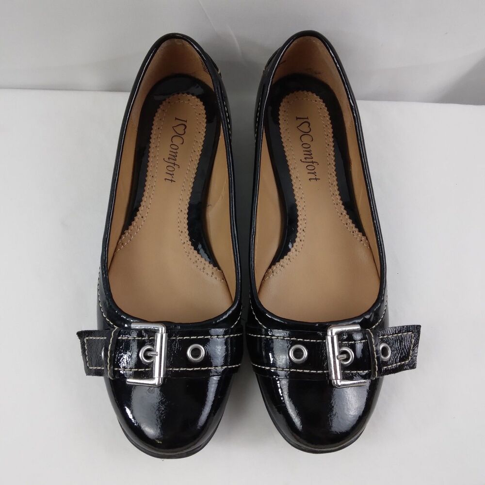 I Love Comfort Black Patent Leather Loafer Shoes Silver Buckle Women's Size 7.5M